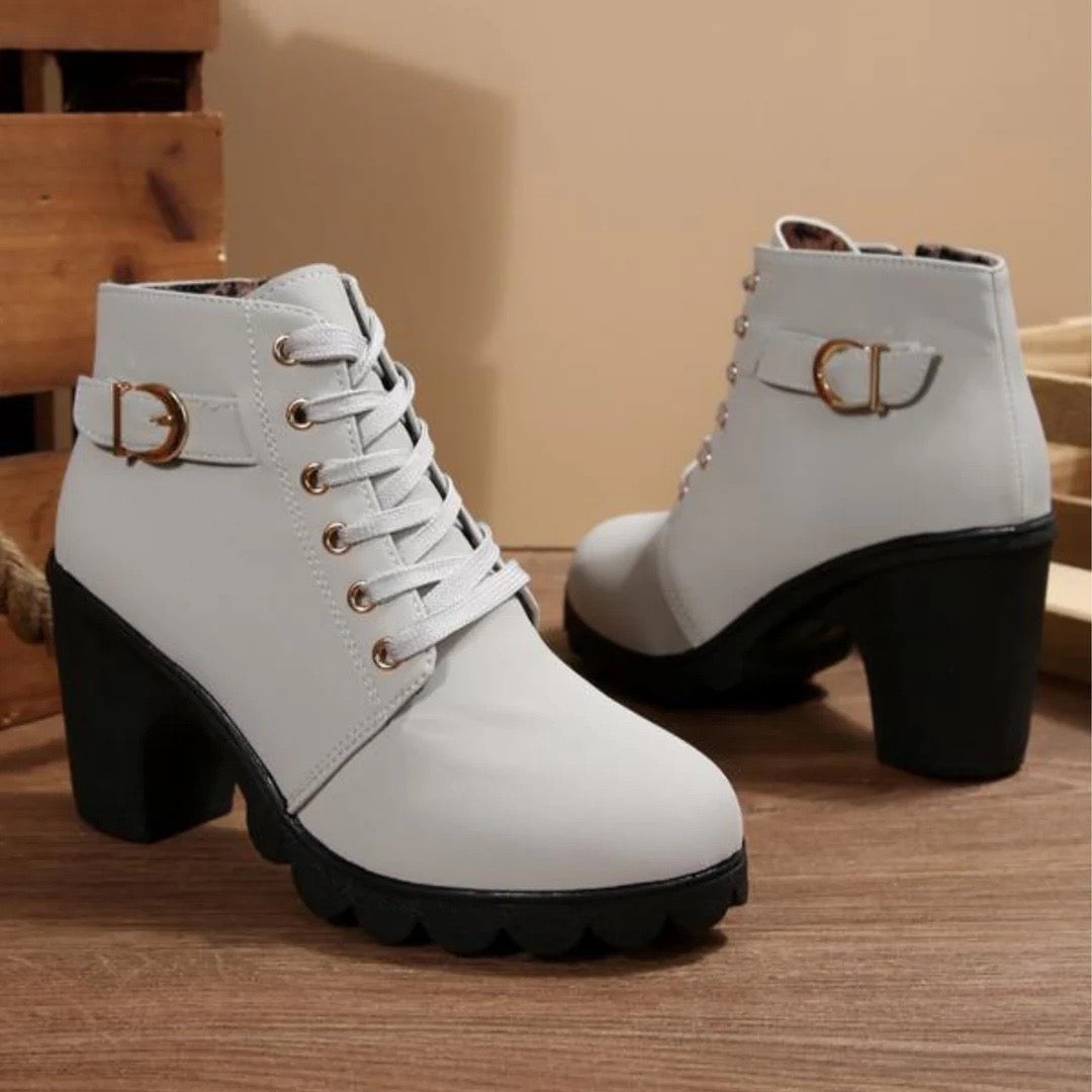 Valenne - Chic Lace-Up Metal Buckle Chunky Ankle Boots