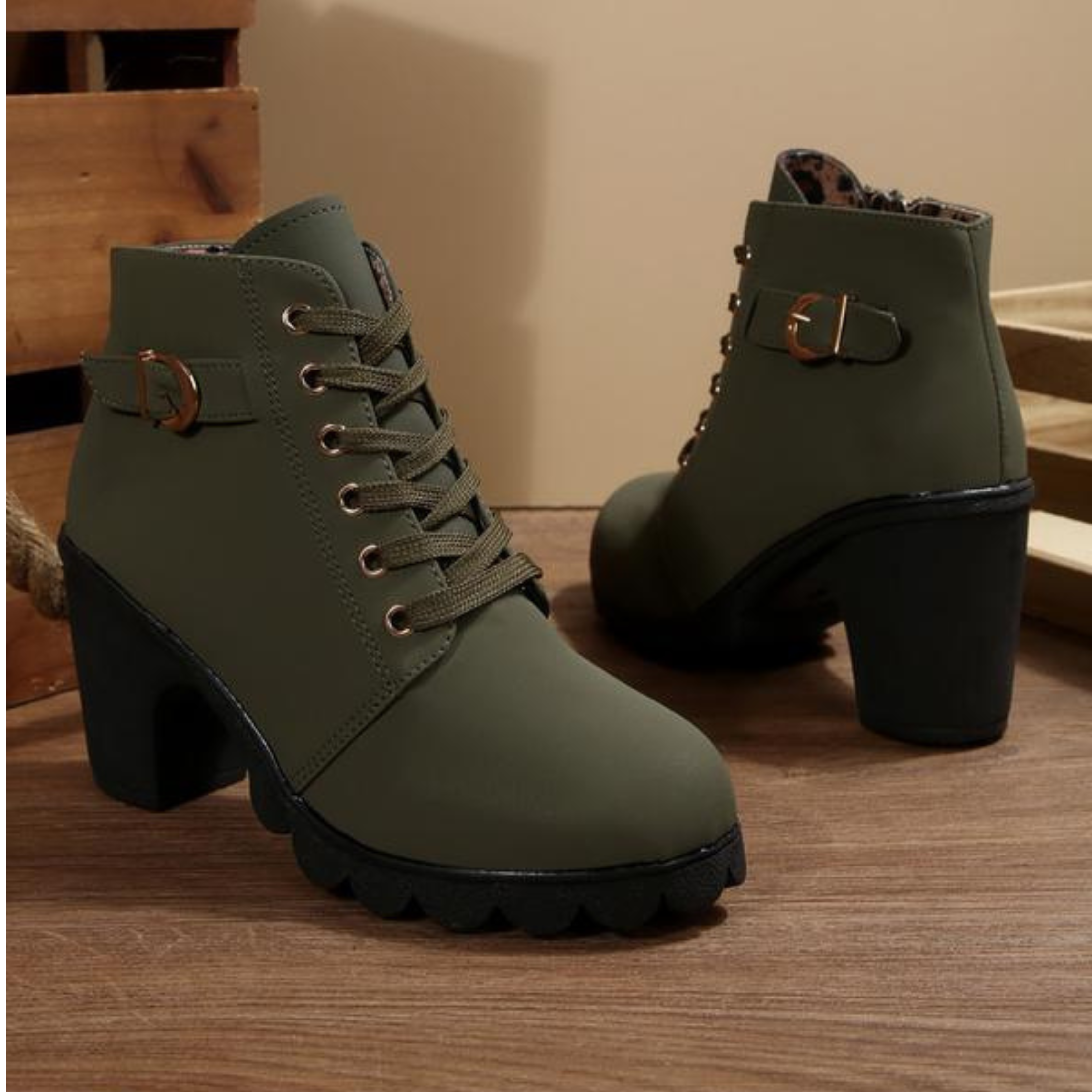 Valenne - Chic Lace-Up Metal Buckle Chunky Ankle Boots