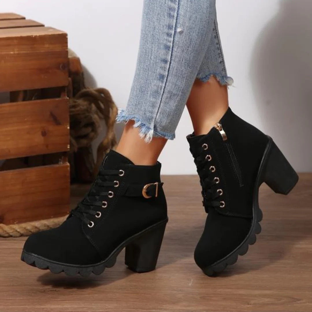 Valenne - Chic Lace-Up Metal Buckle Chunky Ankle Boots