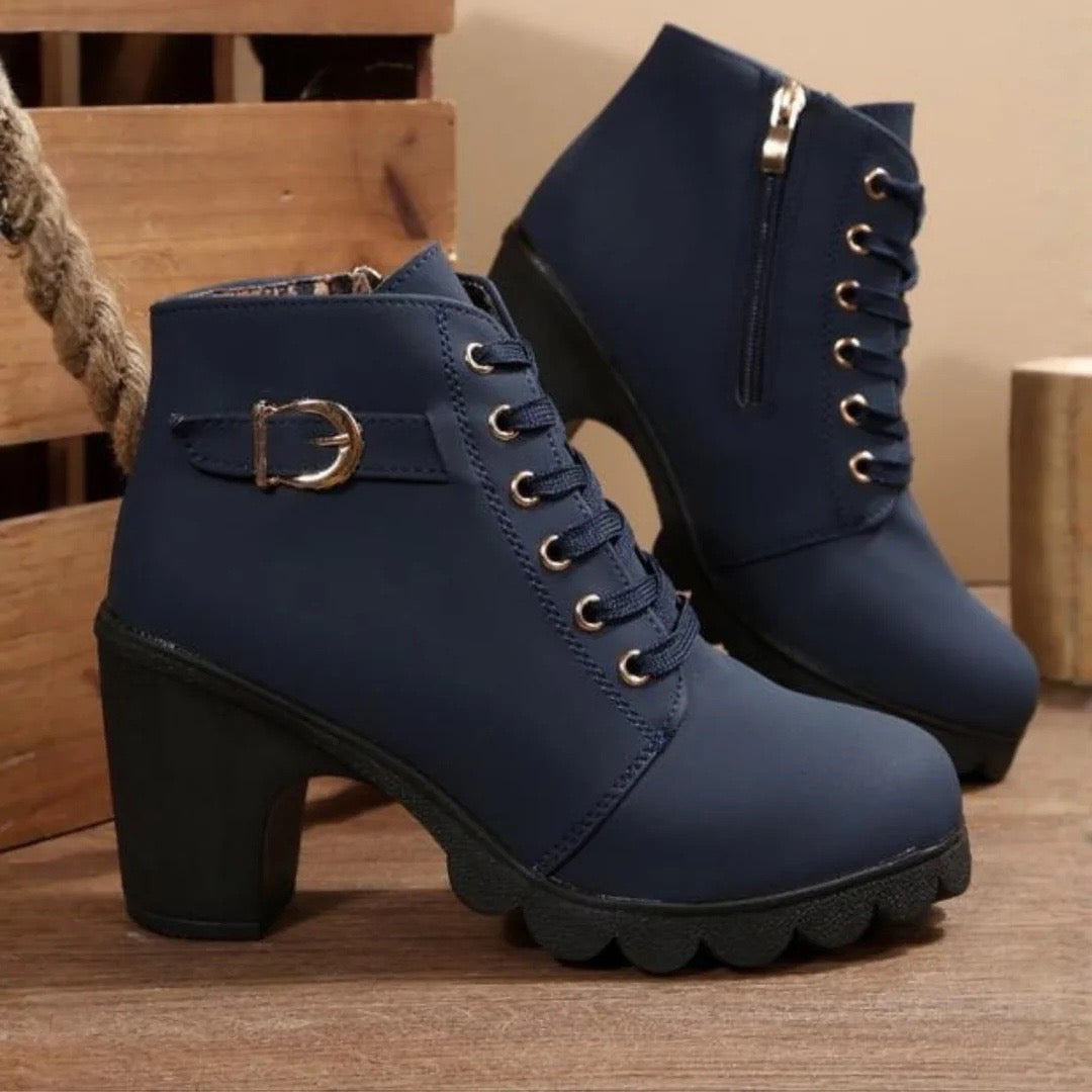 Valenne - Chic Lace-Up Metal Buckle Chunky Ankle Boots