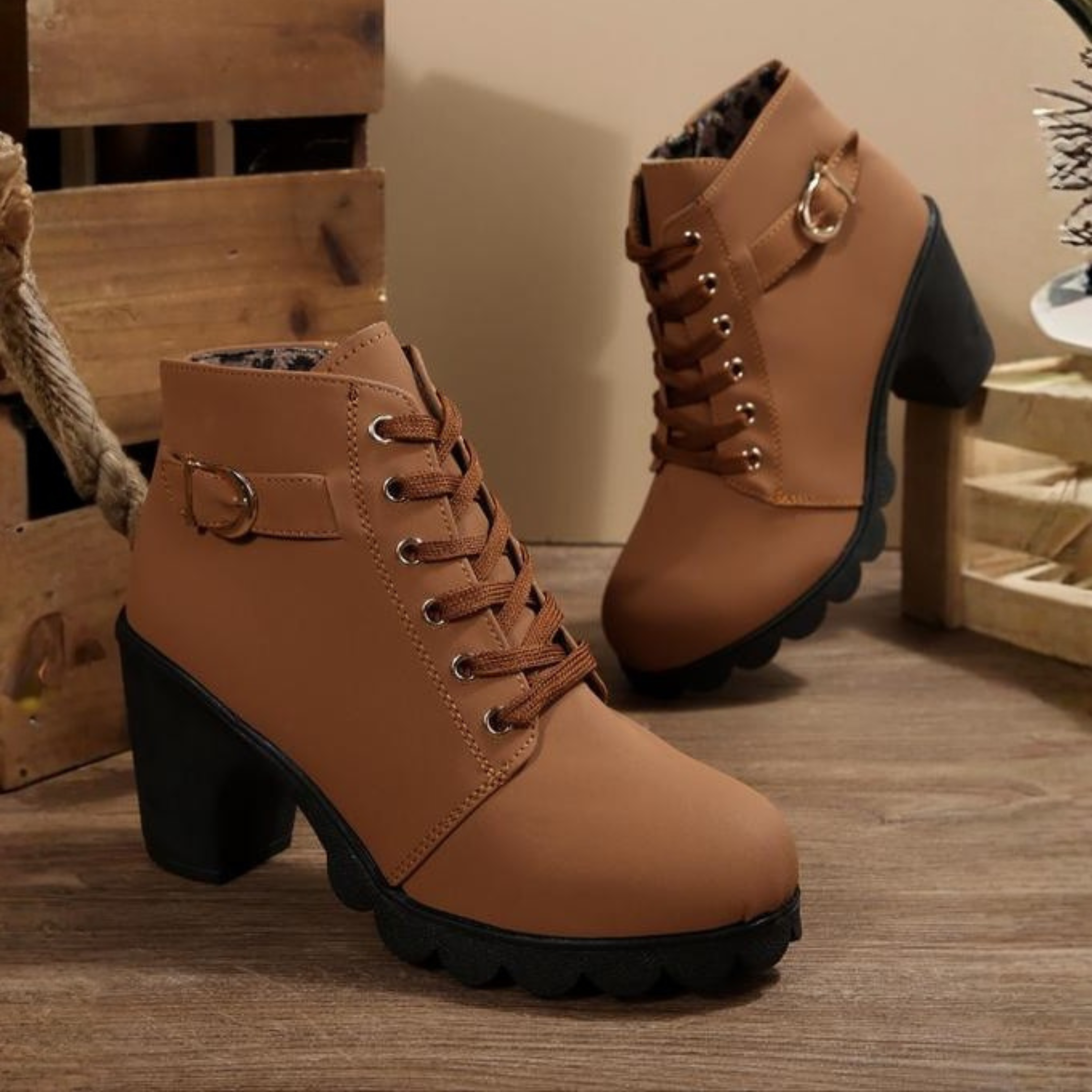Valenne - Chic Lace-Up Metal Buckle Chunky Ankle Boots